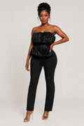 Black Strapless Pleated Peplum Top Designed Jumpsuit