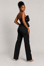 Black Strapless Pleated Peplum Top Designed Jumpsuit