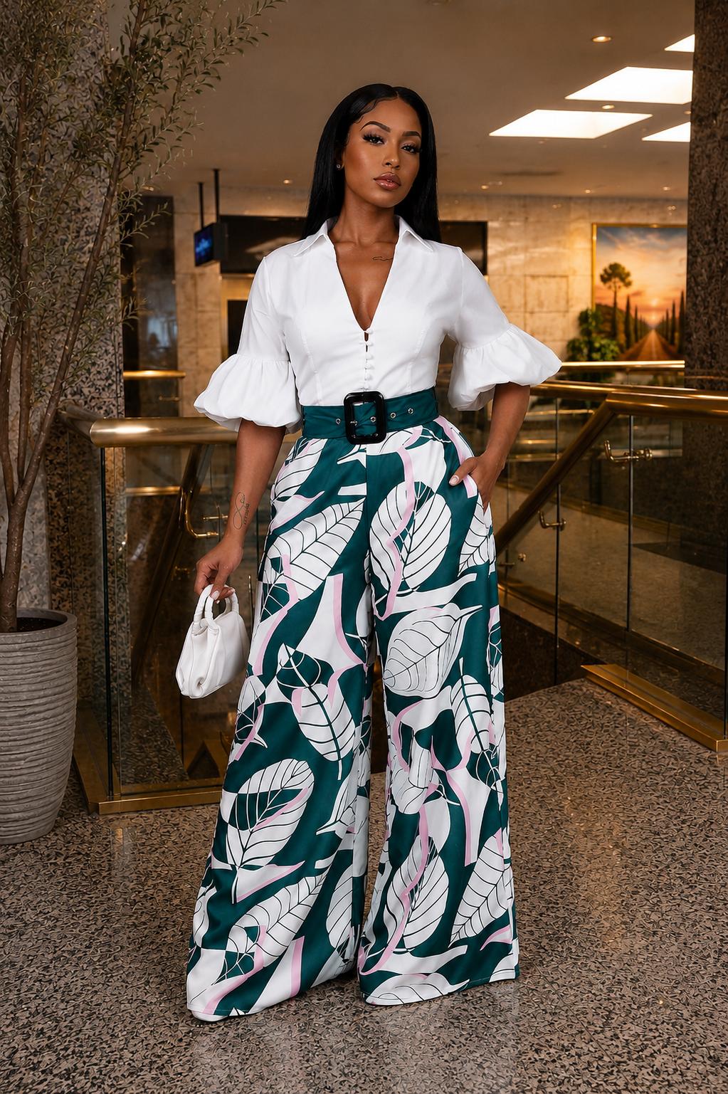 Floral Waist Belt Jumpsuit with Deep V-Neckline