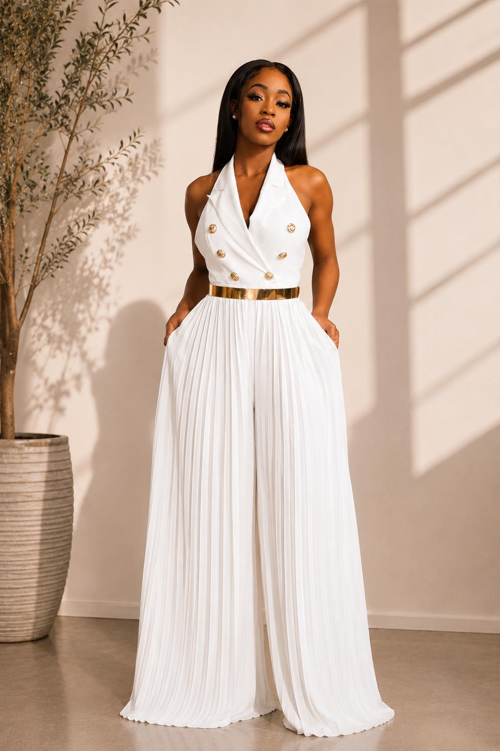 White Pleated Halter Wide-Leg Jumpsuit