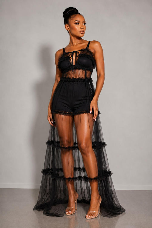 Black Sheer Mesh Ruffle Maxi Romper Dress