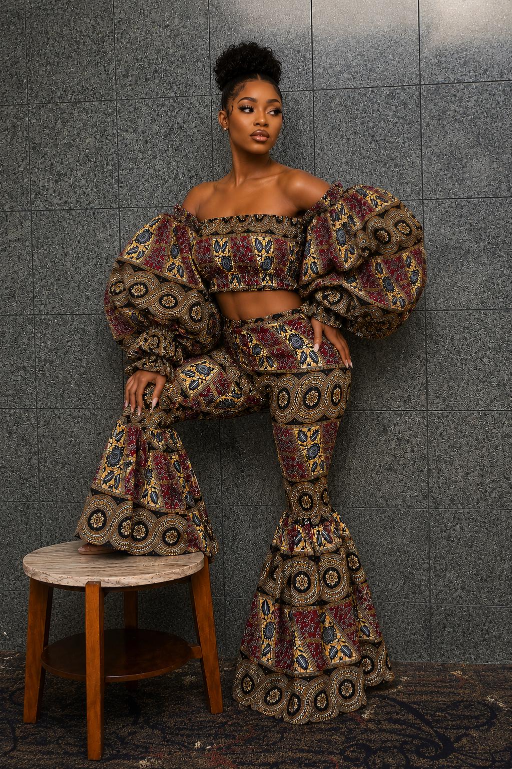 Ankara Off-Shoulder Crop Top And Bell Bottom Pant Set