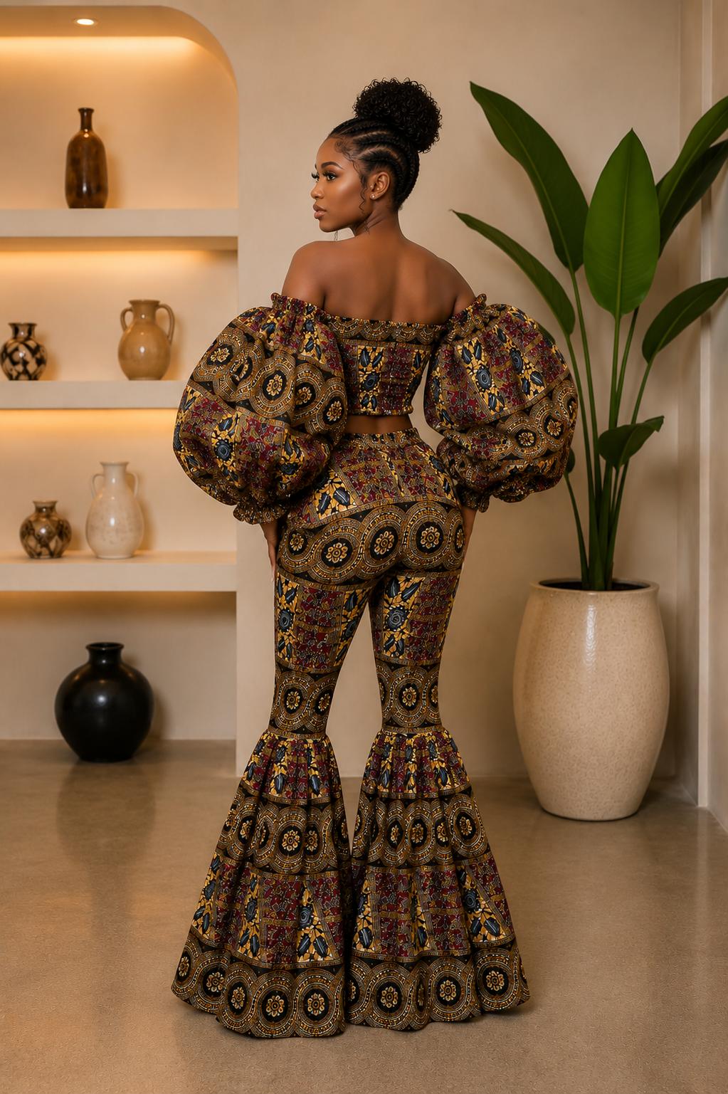 Ankara Off-Shoulder Crop Top And Bell Bottom Pant Set