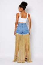 Denim Shorts with Gold Fringe Tassel Overlay