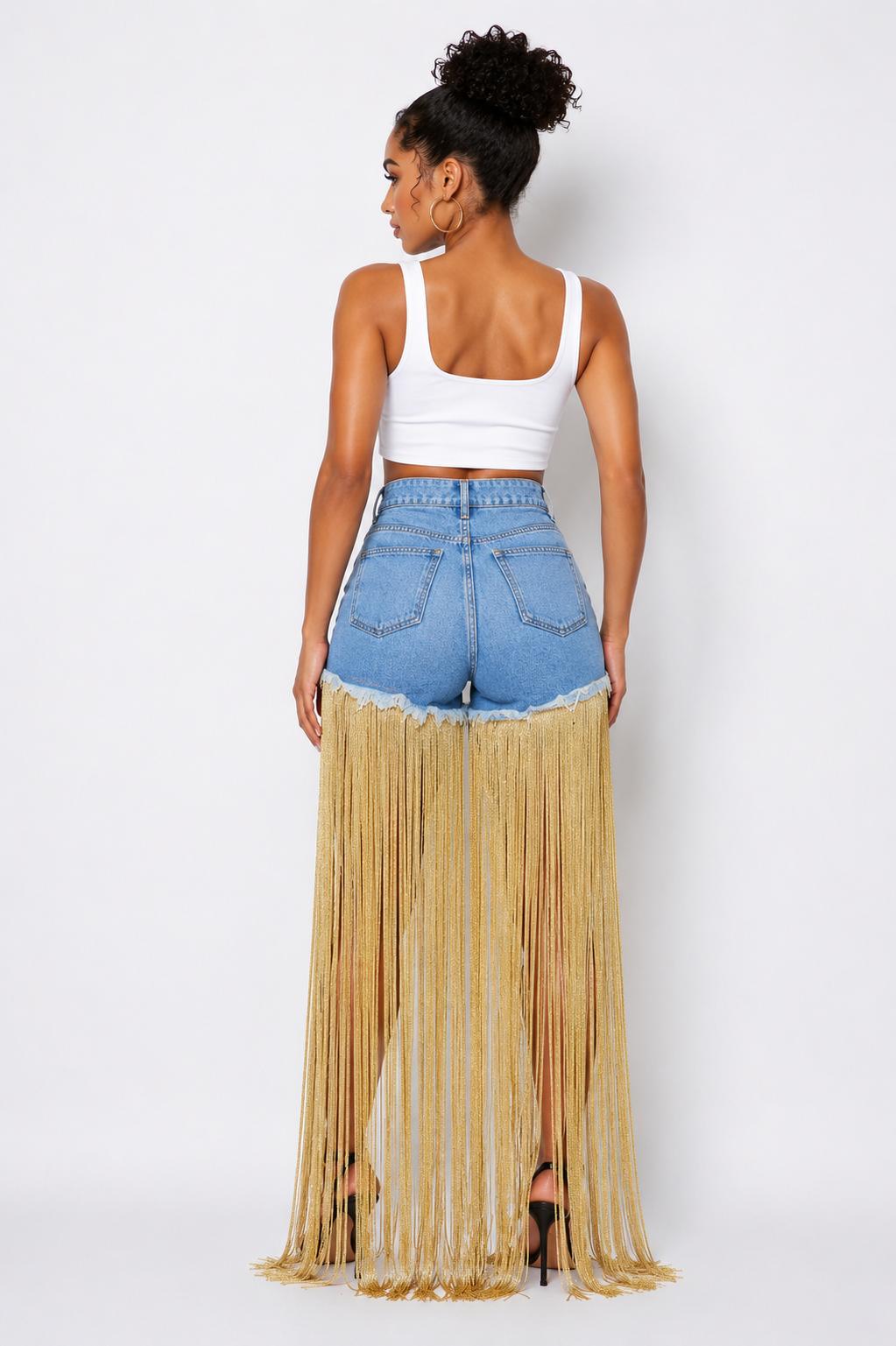 Denim Shorts with Gold Fringe Tassel Overlay