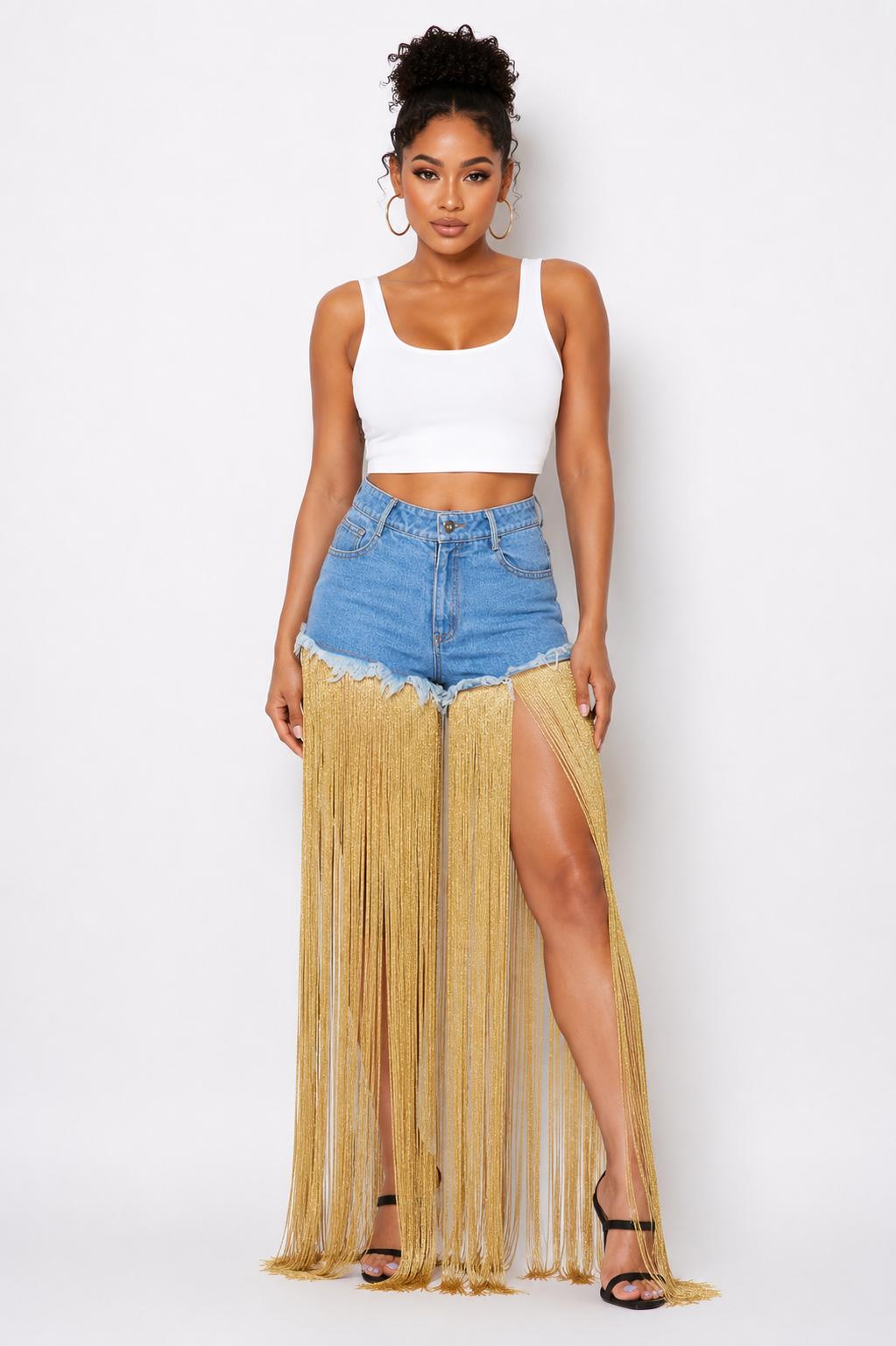 Denim Shorts with Gold Fringe Tassel Overlay
