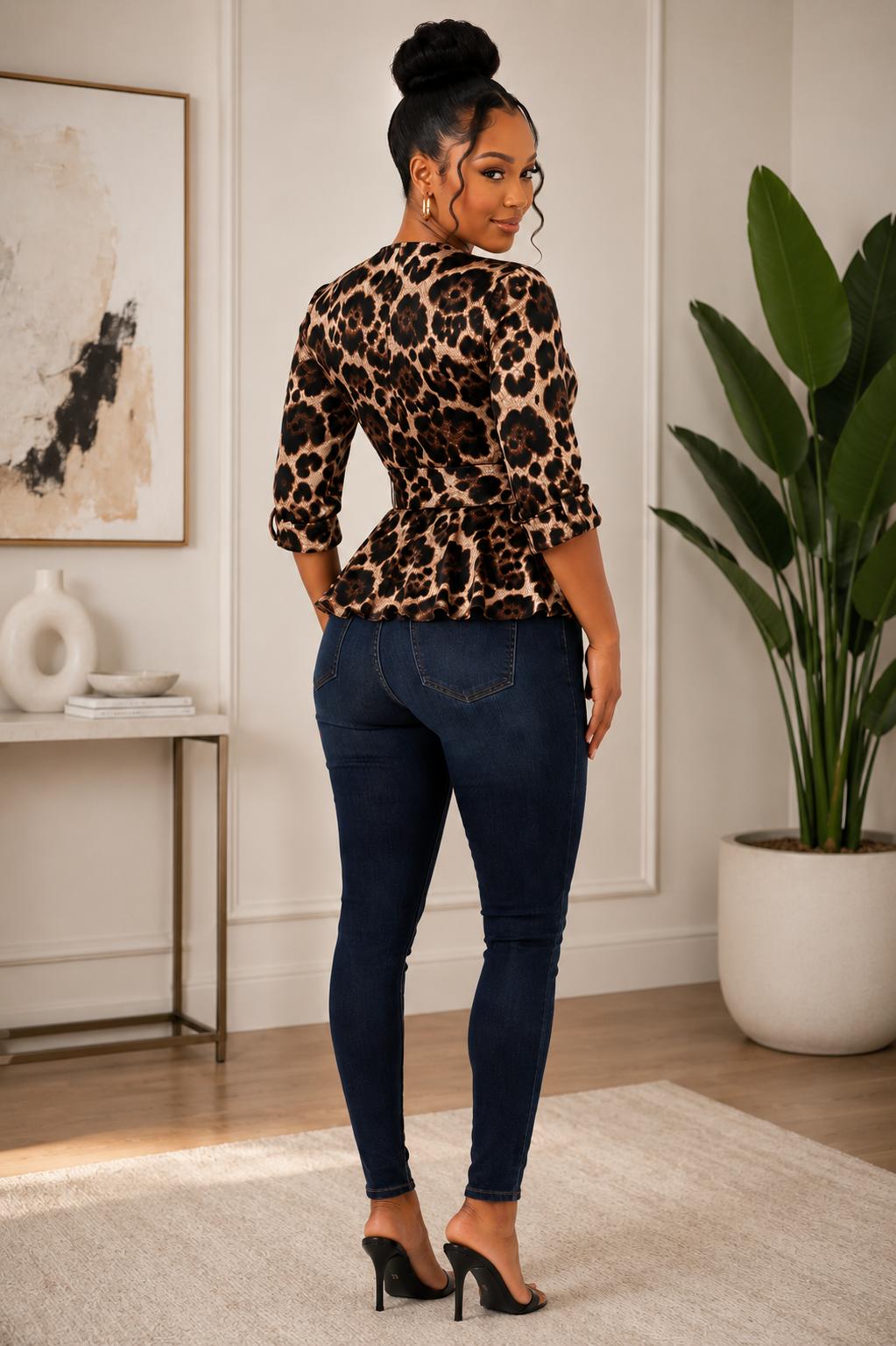 Leopard Print Tie-Front Peplum Top
