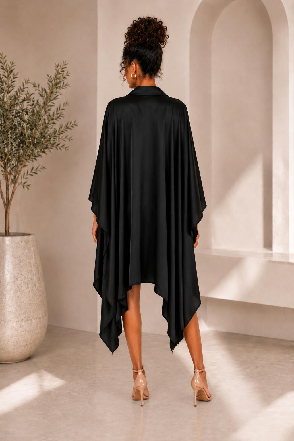 Black Satin Batwing Shirt Dress