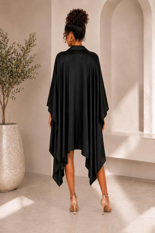 Black Satin Batwing Button Down Shirt Dress featuring a stylish batwing design, perfect for elegant occasions.
