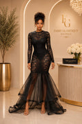 Black Lace Mermaid Maxi Dress with Sheer Tulle Hem