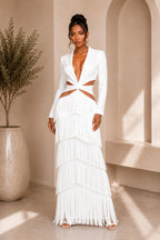 White Fringe Cut-Out Maxi Dress