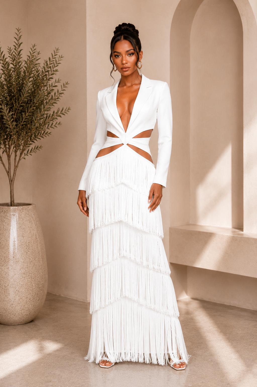White Fringe Cut-Out Maxi Dress