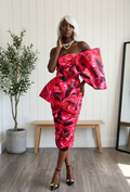 Red Abstract Oversized Bow Ruched Midi Dress