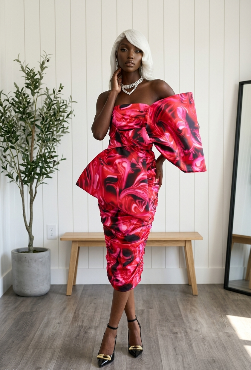 Red Abstract Oversized Bow Ruched Midi Dress
