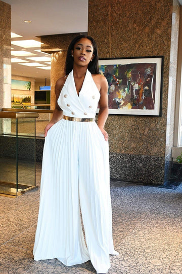 Fabby Glamtique Jumpsuit Small / White Tracey Pleated Wide Leg Jumpsuit